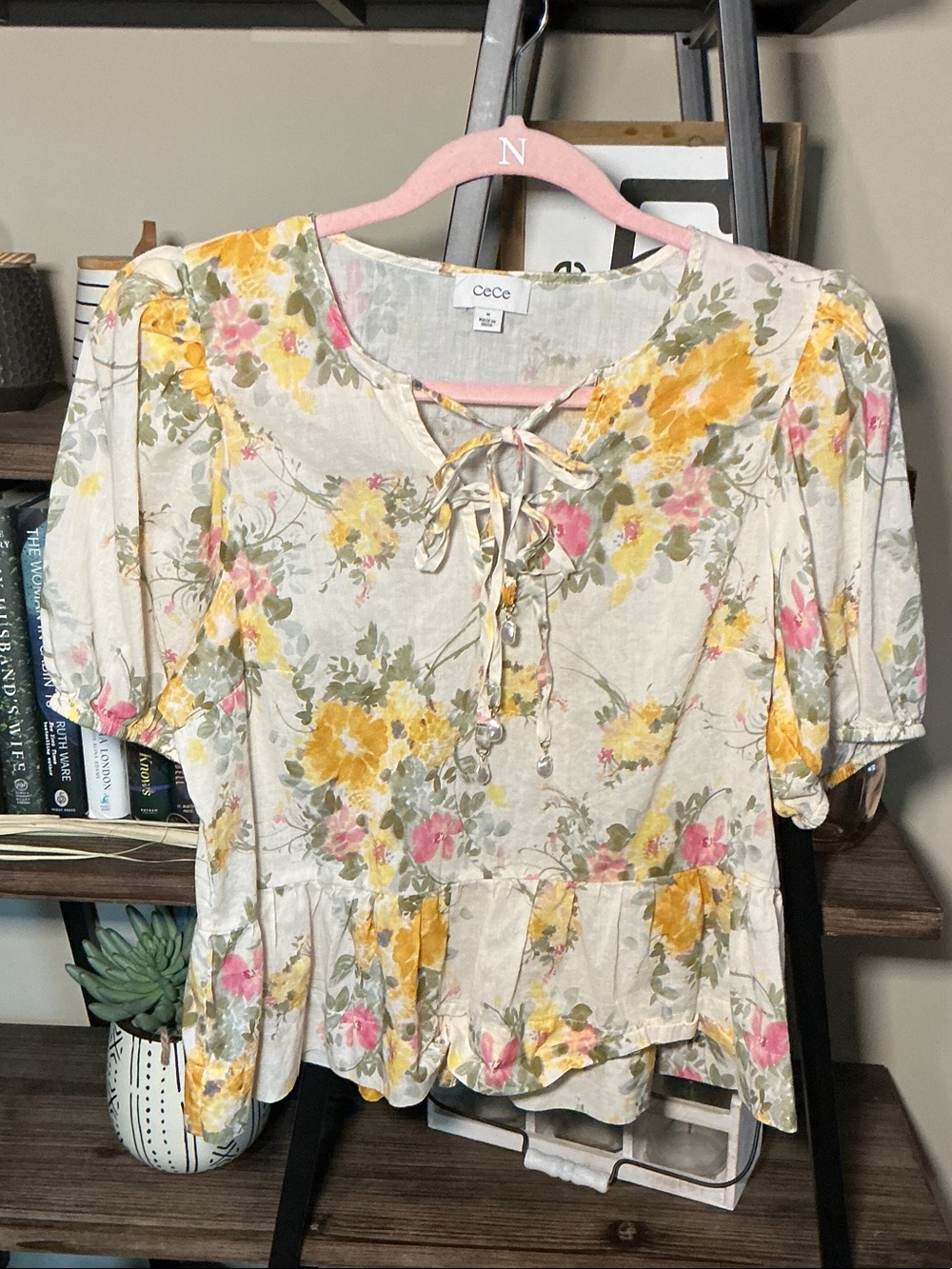 CeCe Cream Floral Lace-Up Peplum Top - Yellow & Pink Size M